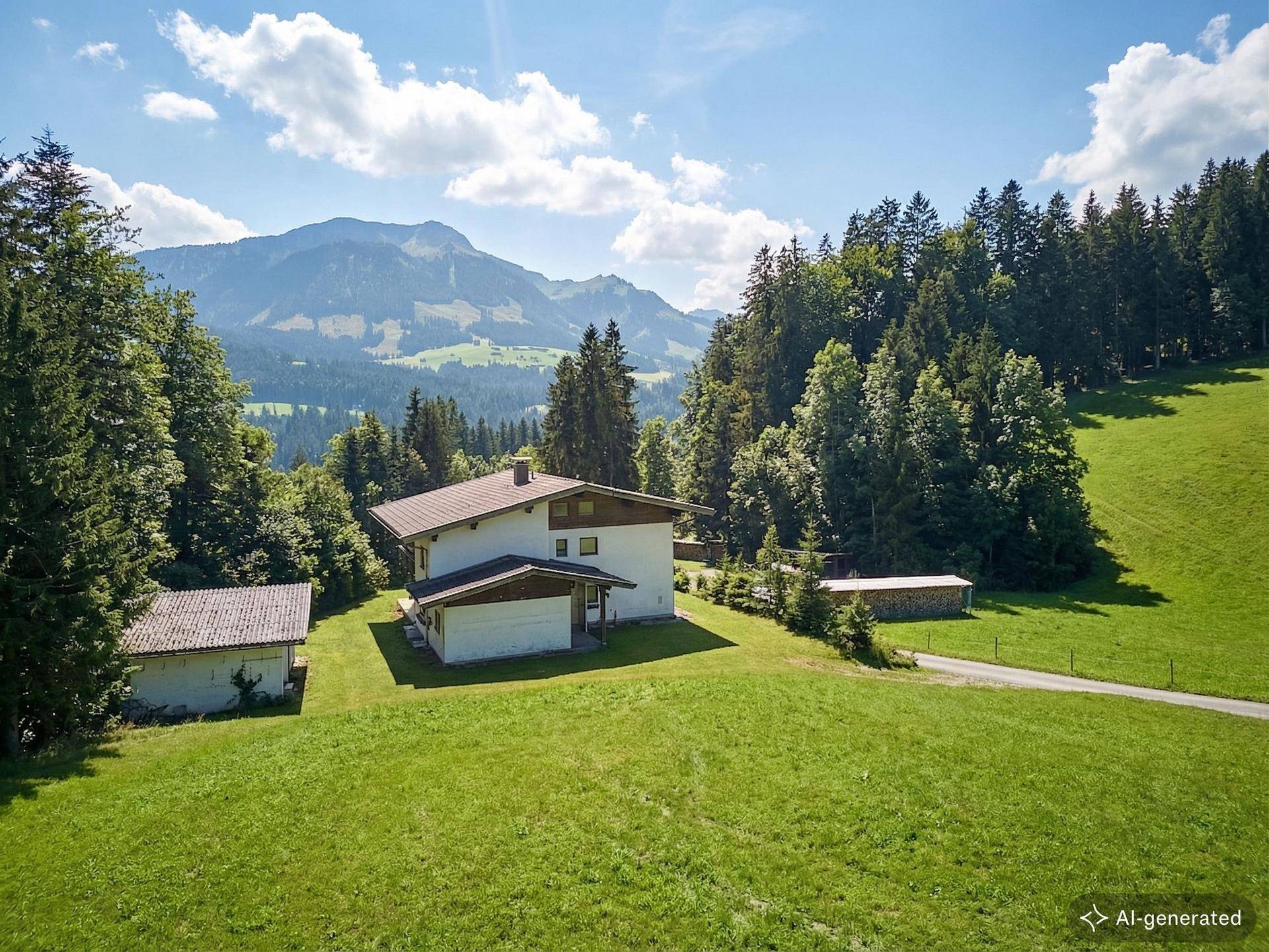 Freistehendes Haus in idyllischer Berglandschaft, umgeben von Wiesen und Wäldern unter blauem Himmel.