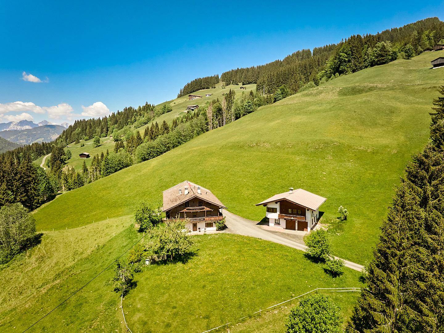 Luftaufnahme von zwei traditionellen Häusern in einer weitläufigen, grünen Berglandschaft unter strahlend blauem Himmel.