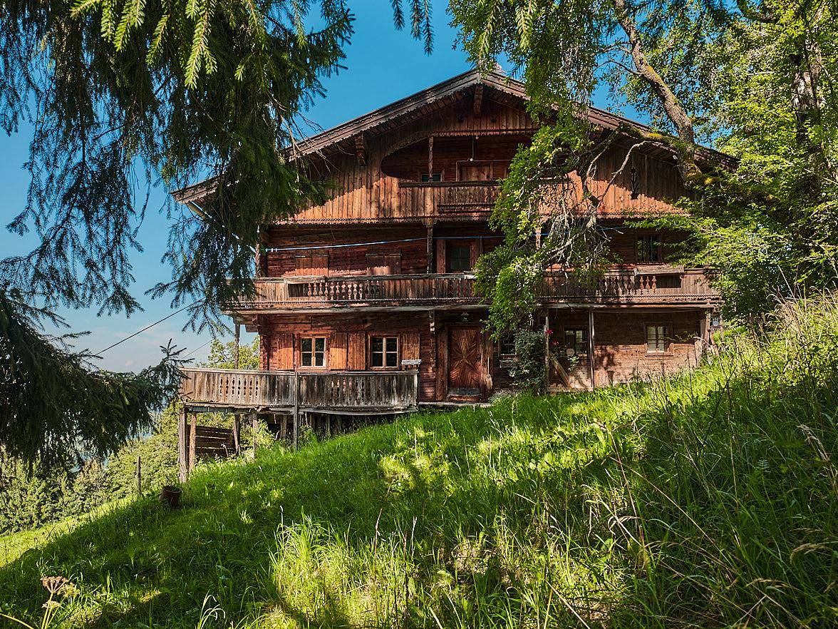 Traditionelles Holzchalet auf einem grünen Hügel, umgeben von Bäumen und alpiner Natur.