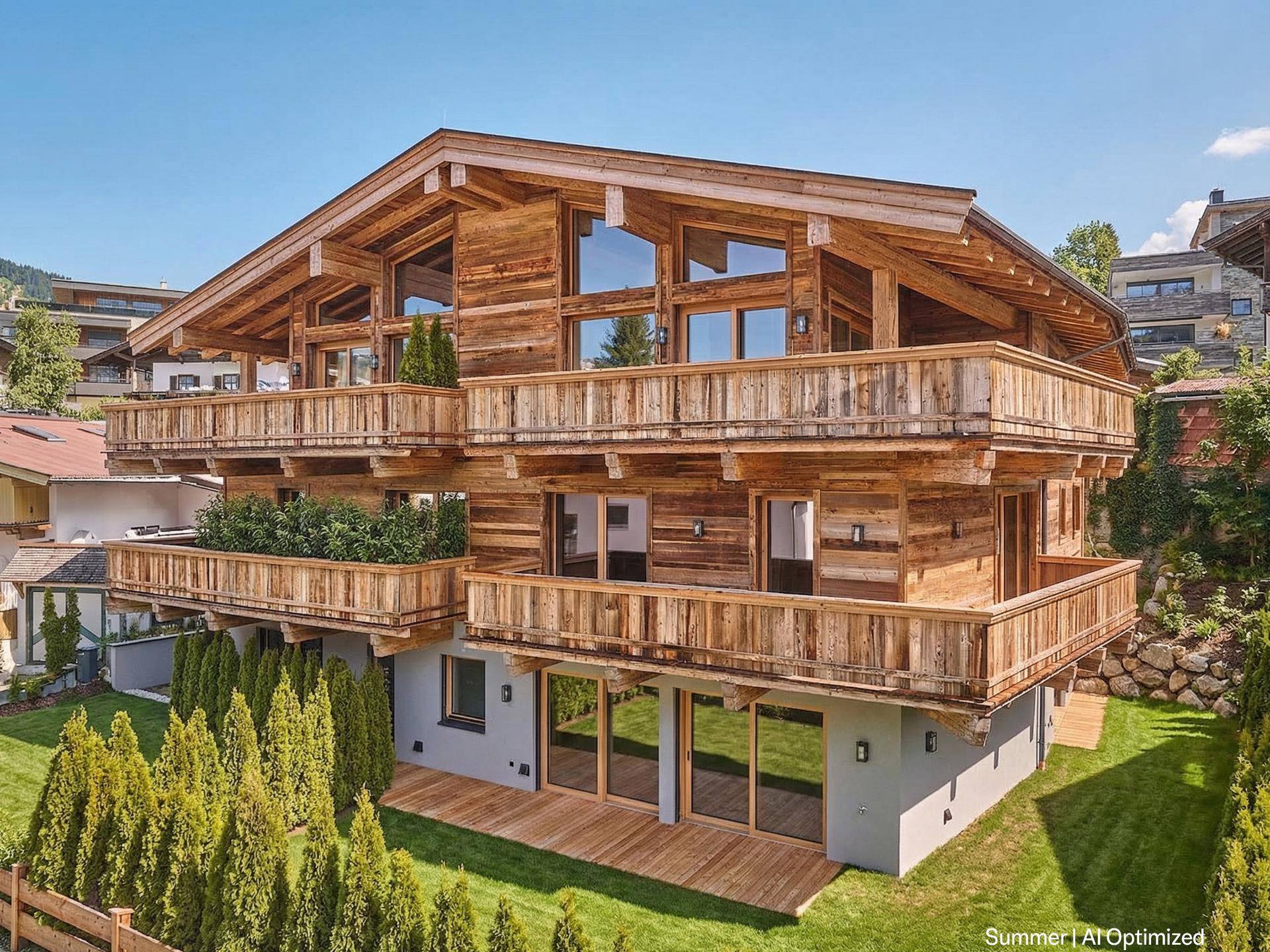 Modernes Holzchalet mit mehreren Balkonen, großen Fenstern und gepflegtem Garten.