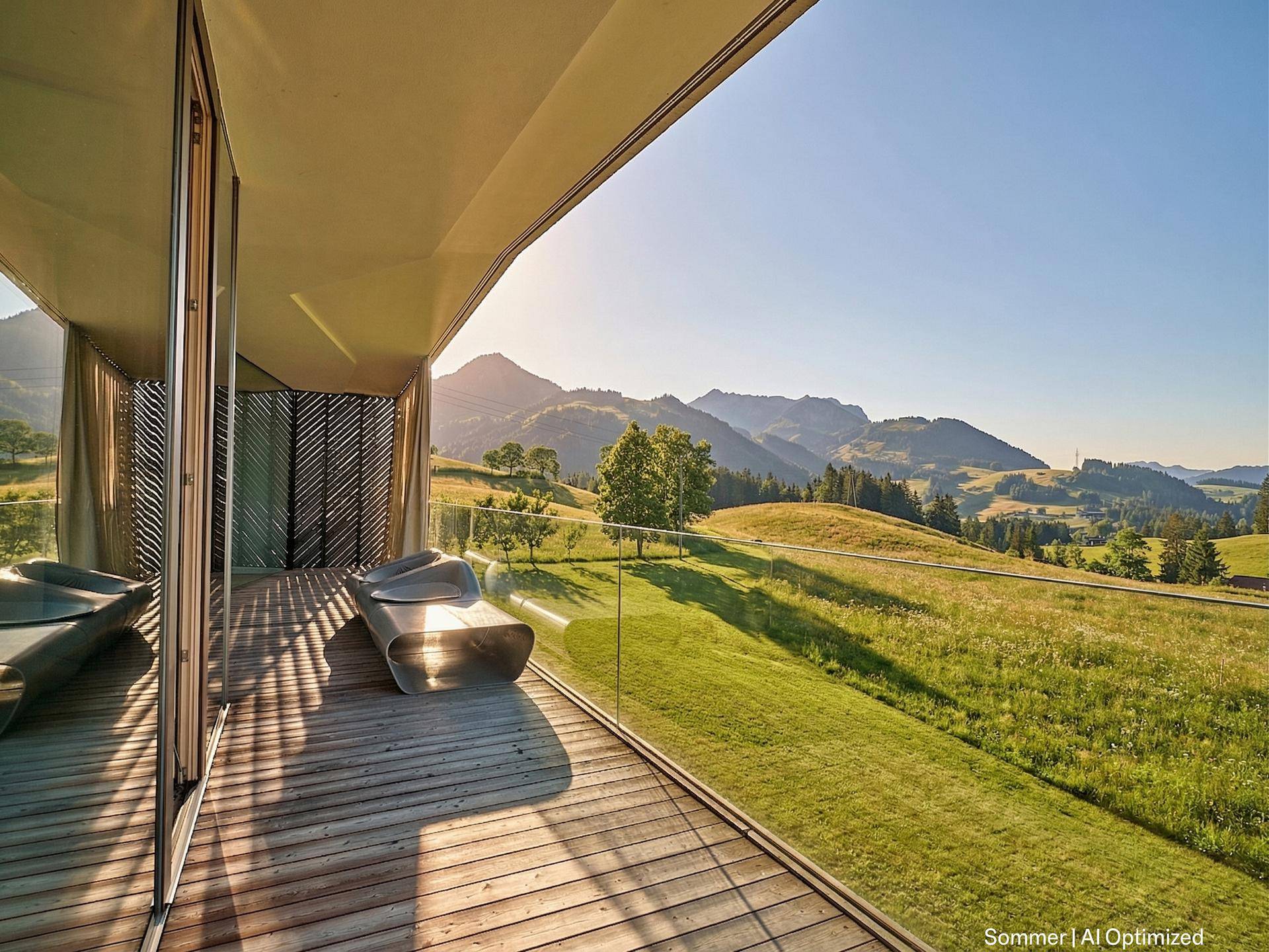 Sonniger Balkon mit Holzdeck, moderner Lounge-Möblierung und Panoramablick auf grüne Hügel und Berge.
