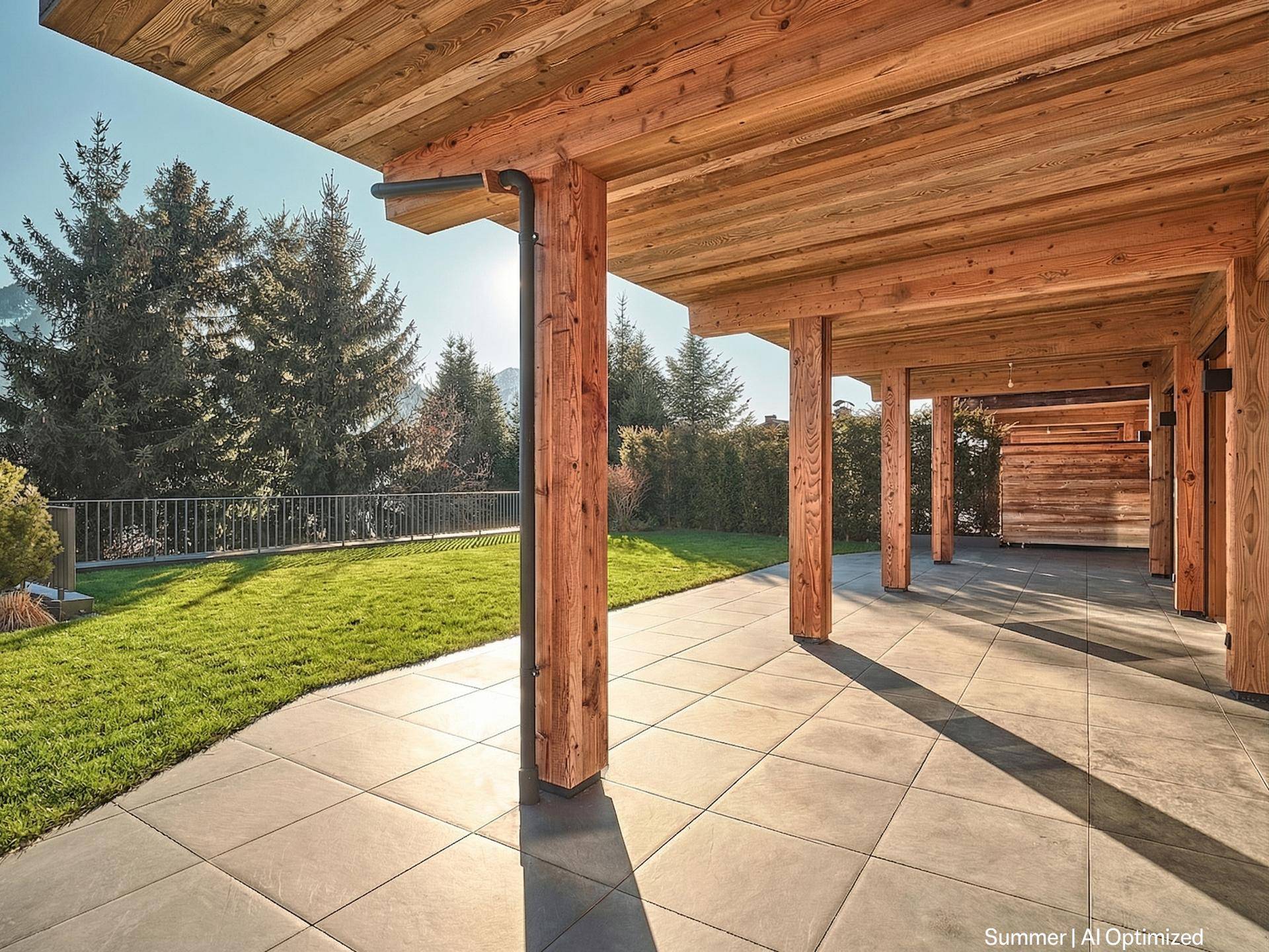 Sonnige überdachte Terrasse mit Holzsäulen, Fliesenboden und Blick auf den gepflegten Garten und die Bäume.