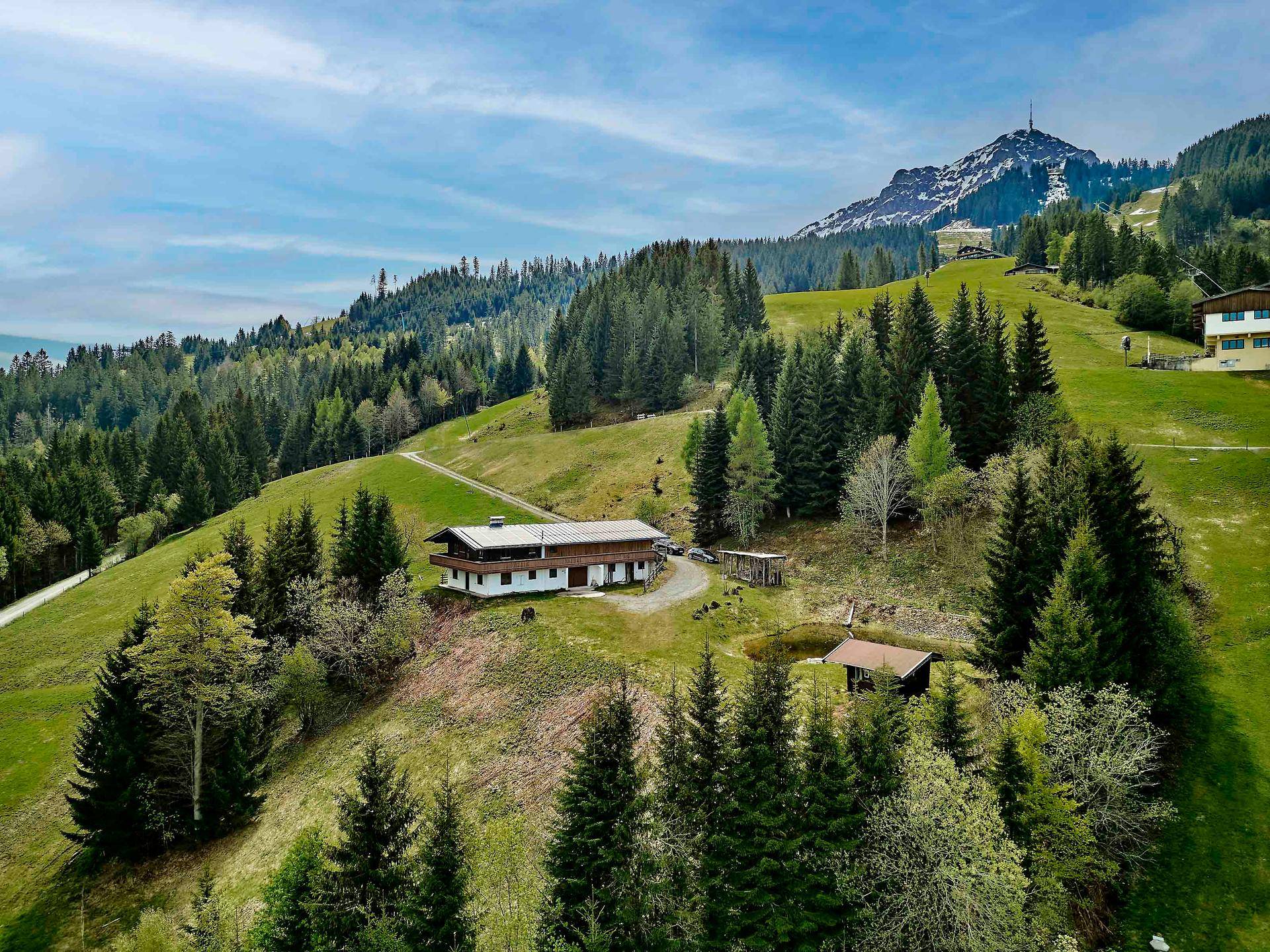 Panoramablick auf das Chalet in alpiner Landschaft mit Bergen und Wäldern im Hintergrund.