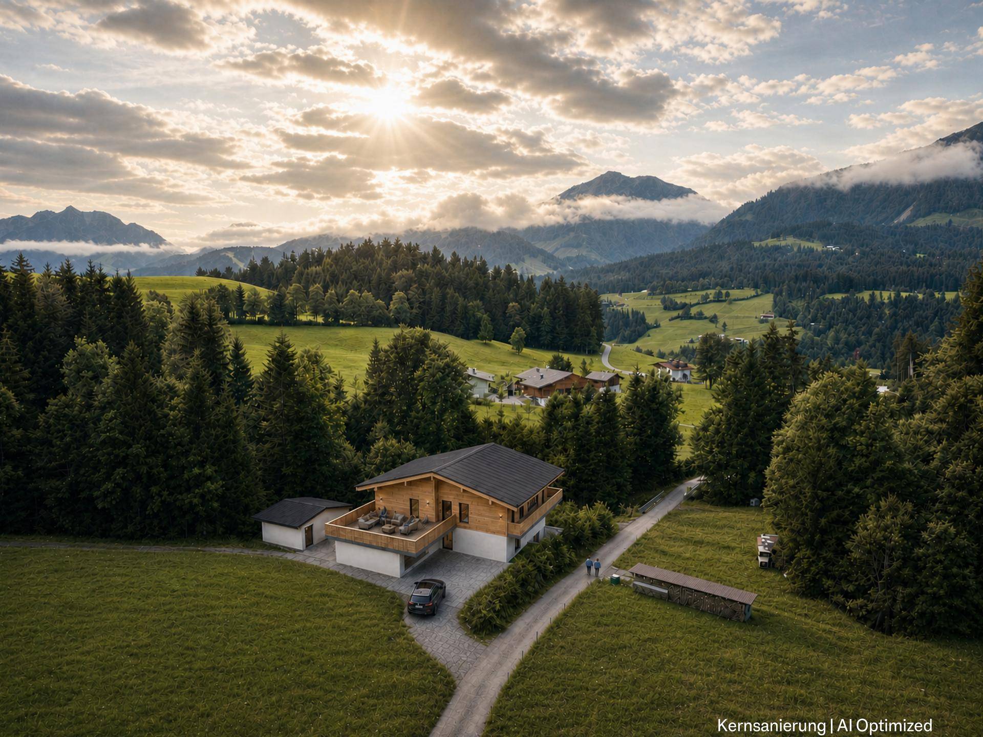 Holzhaus in den Bergen bei Sonnenuntergang mit Terrasse, Doppelgarage und weitem Blick.