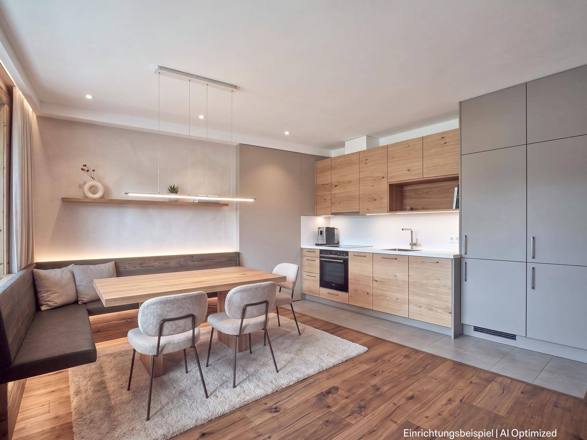 Moderne offene Küche mit Holzelementen, integrierten Geräten und Essbereich.
