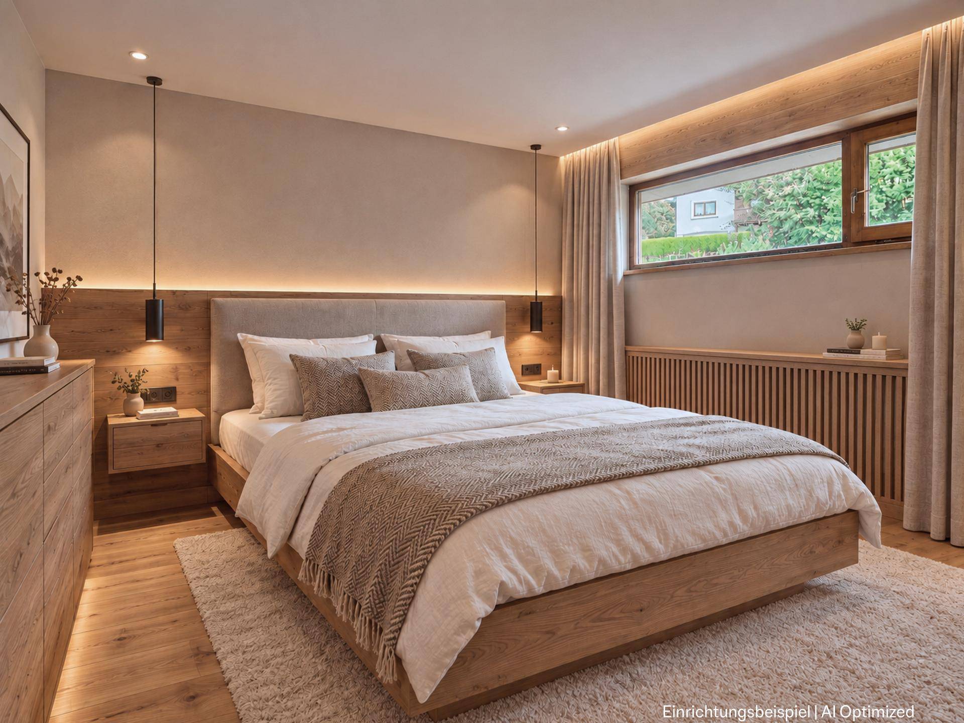 Helles Schlafzimmer mit Holzbett, Nachttischen und indirekter Beleuchtung.