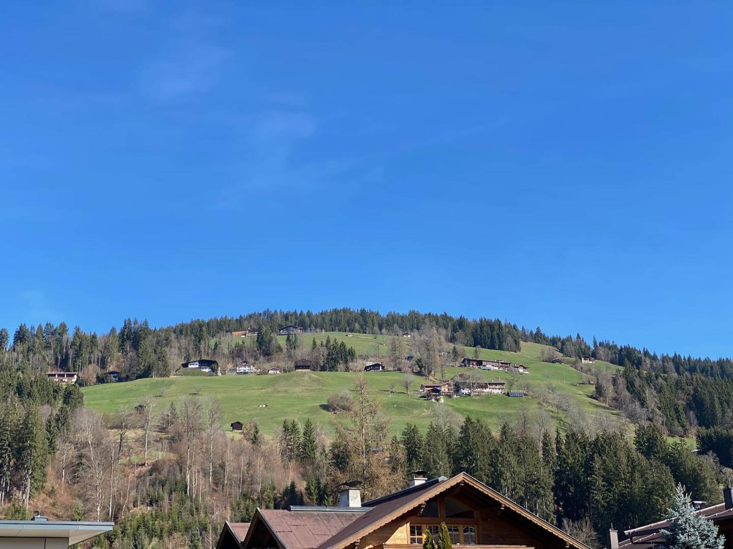 Weitläufige grüne Hügellandschaft mit vereinzelten Häusern und Wäldern.