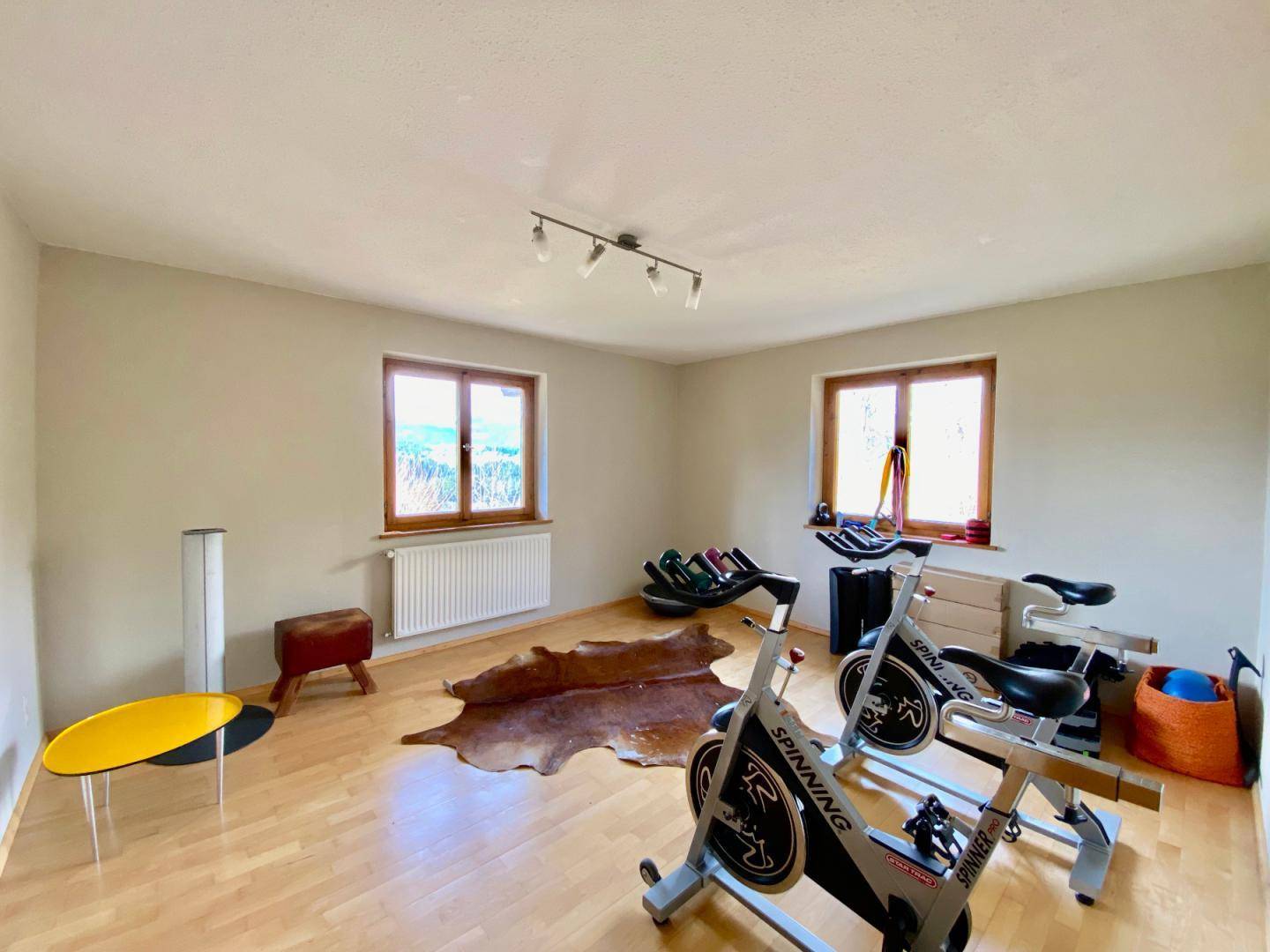 Fitnessraum mit mehreren Trainingsrädern, Holzboden und natürlichem Lichteinfall durch zwei Fenster.