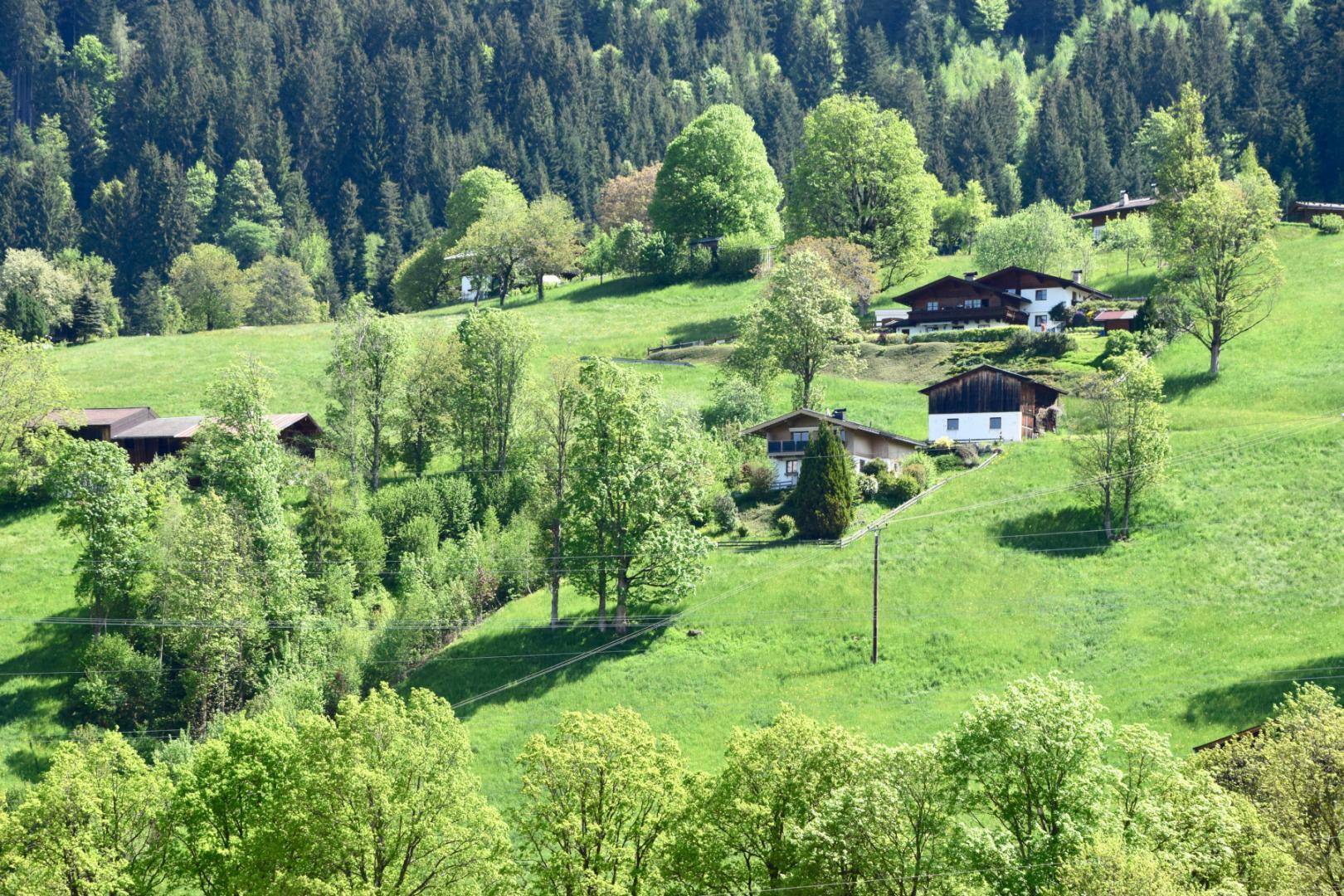 Weitläufige grüne Hügellandschaft mit verstreuten Häusern unter strahlend blauem Himmel.