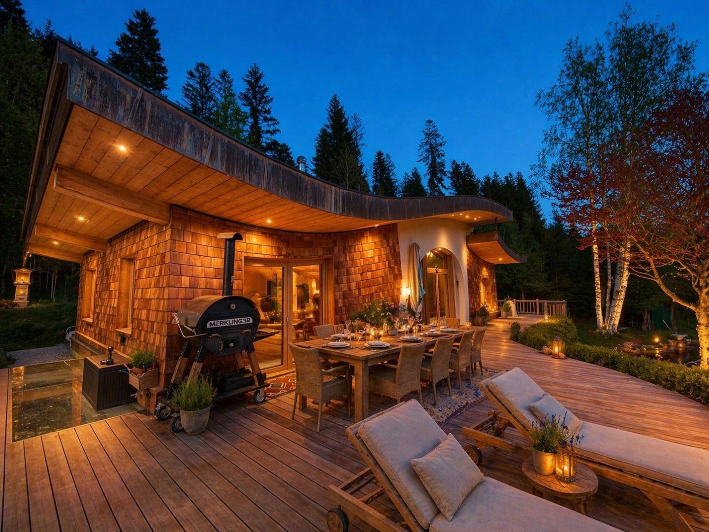 Stimmungsvolle Abendbeleuchtung auf der Holzterrasse mit Essbereich und Liegestühlen vor Waldkulisse.