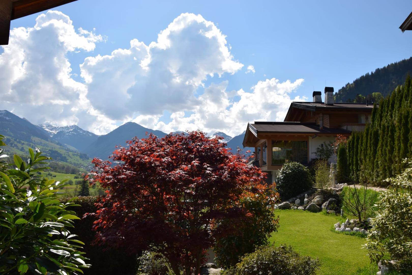 Malerischer Garten mit rotem Baum und weitem Blick auf die Berge und das Tal.