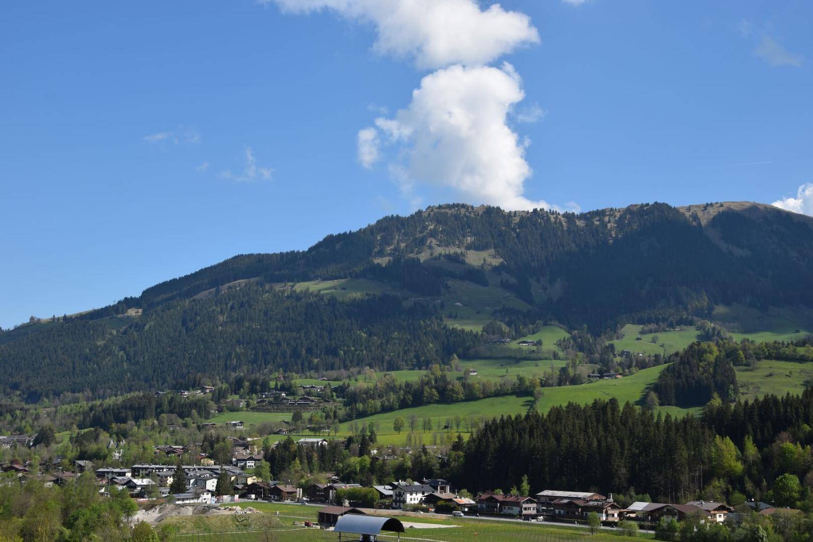 Panoramablick über die alpine Landschaft mit bewaldeten Bergen und einem weiten Tal.