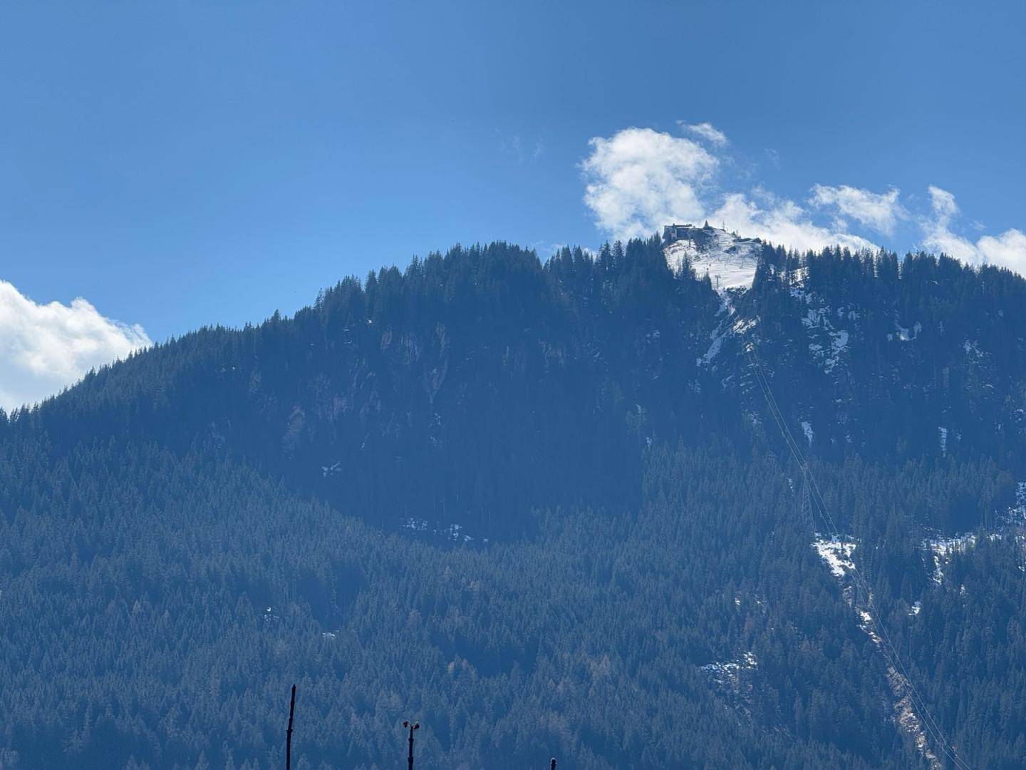 Dicht bewaldeter Berg mit einem kleinen Schneefeld und Spuren einer Skipiste unter blauem Himmel.