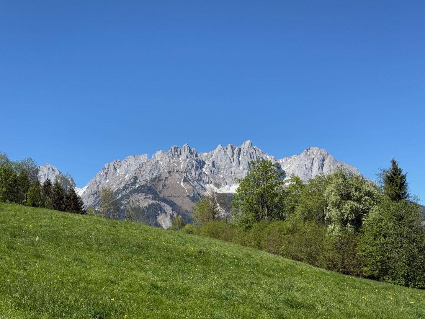 Majestätische Bergkette mit schroffen Gipfeln und grünen Wiesen im Vordergrund.