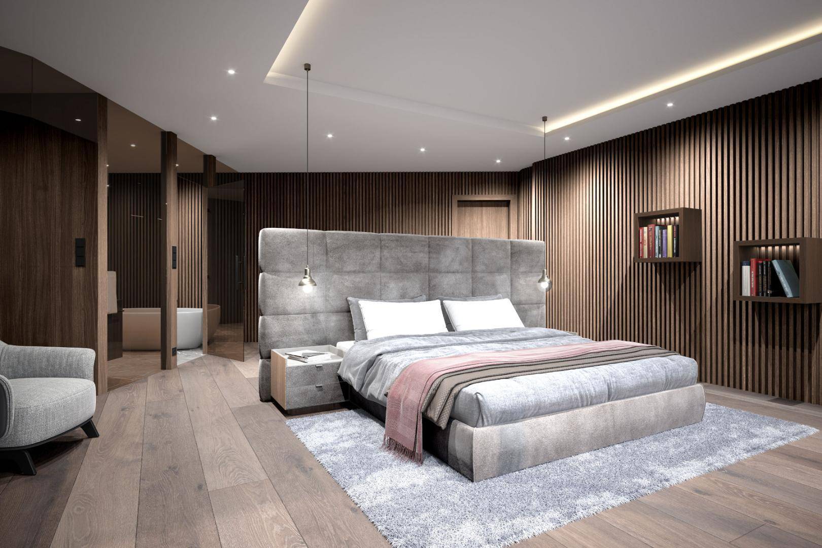 Modernes Schlafzimmer mit Holzwänden, großem Bett und offenem Zugang zum Badezimmer.