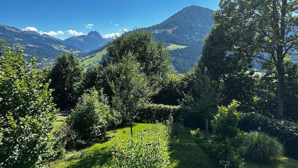 Gepflegter Gartenbereich mit üppiger Bepflanzung und weitem Blick auf die umliegenden Berge.