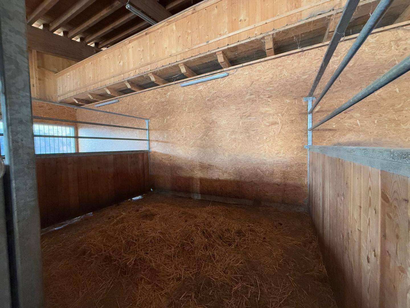 Leere Stallbox mit Holzwänden, Stroh auf dem Boden und sichtbaren Holzträgern.
