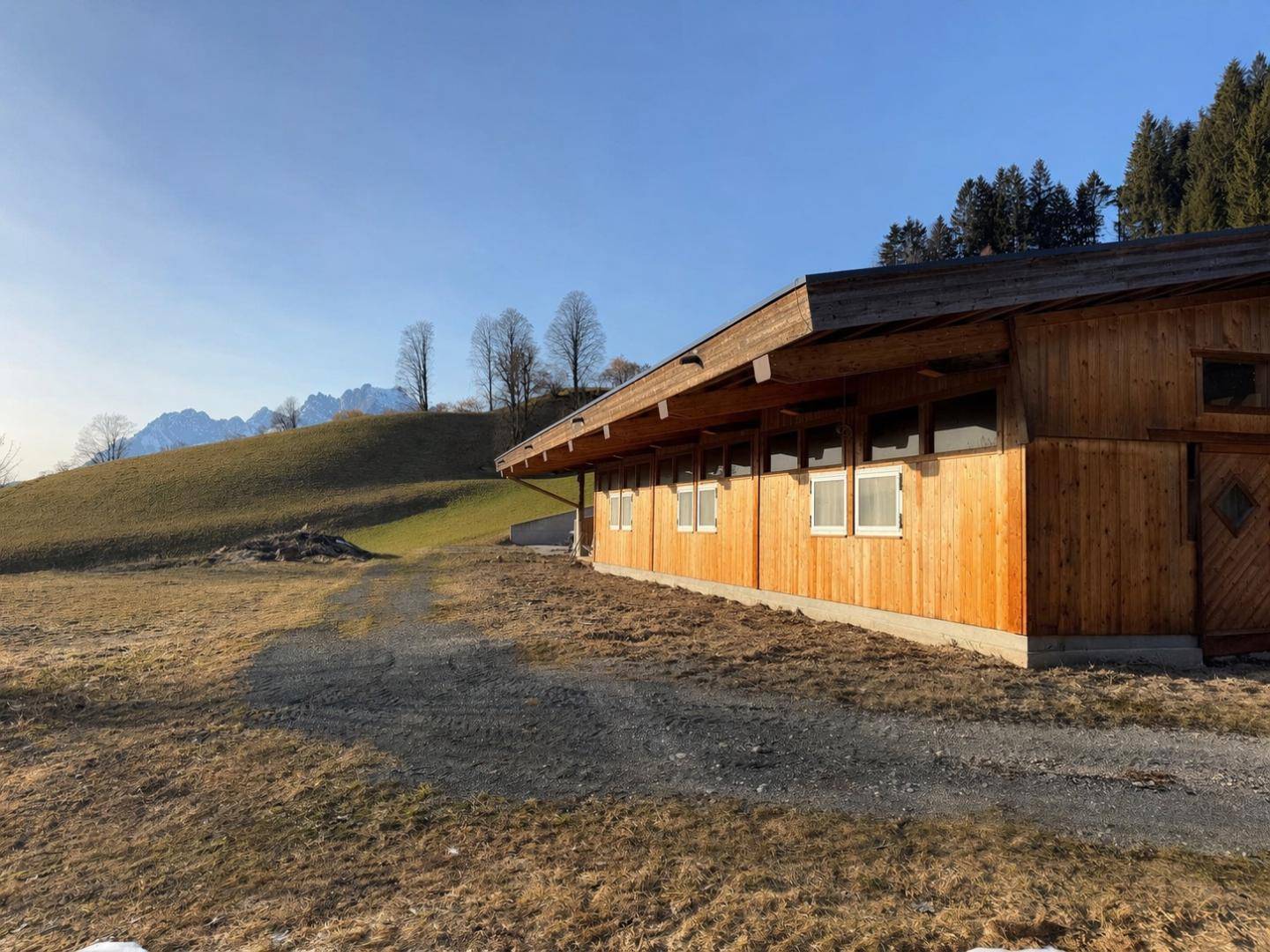 Außenansicht eines Holzgebäudes mit Fenstern auf einem grünen Hang vor Bergkulisse.