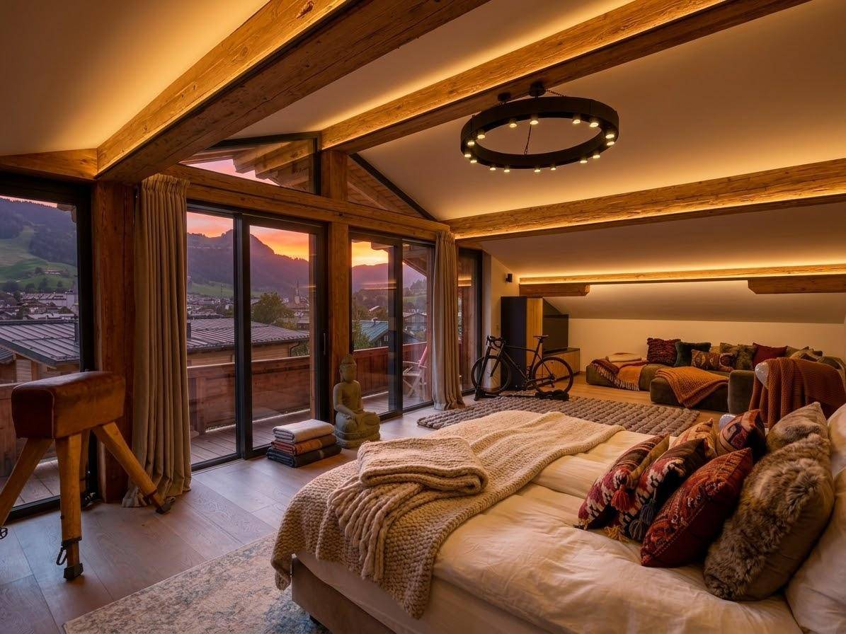 Großzügiges Schlafzimmer mit Holzbalken, Balkonzugang und Panoramablick auf die Berge bei Sonnenuntergang.