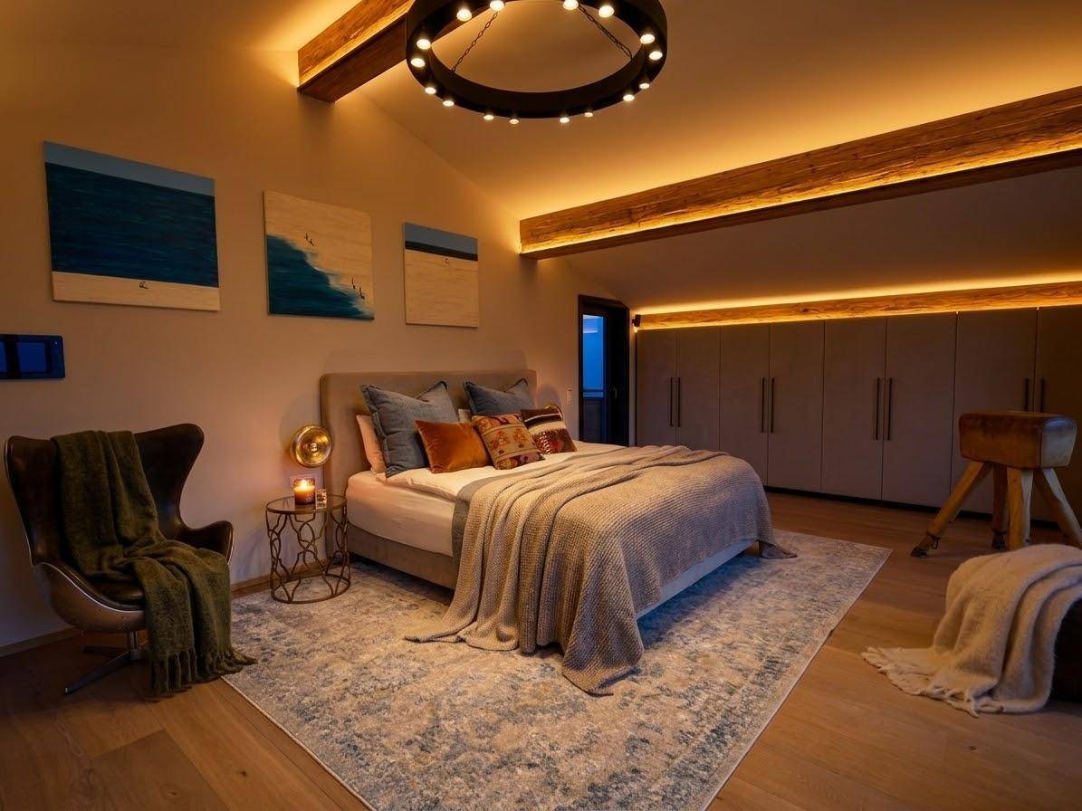 Gemütliches Schlafzimmer mit Holzbalken, indirekter Beleuchtung und integrierten Kleiderschränken.