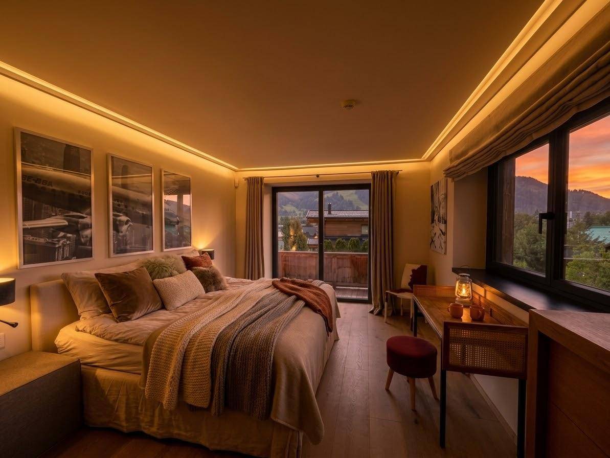 Komfortables Schlafzimmer mit großem Fenster, Balkonzugang und Blick auf die grüne Umgebung.