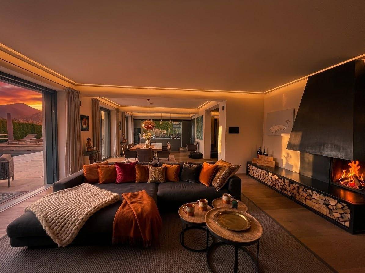 Großzügiges Wohnzimmer mit modernem Kamin und gemütlicher Sitzecke, perfekt für entspannte Abende.