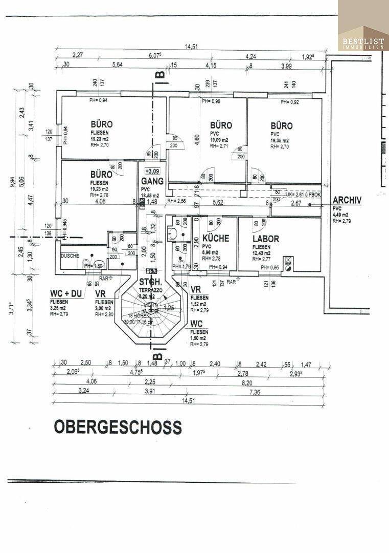 Grundriss des Obergeschosses mit Büros, Küche, Labor und Sanitärbereichen.