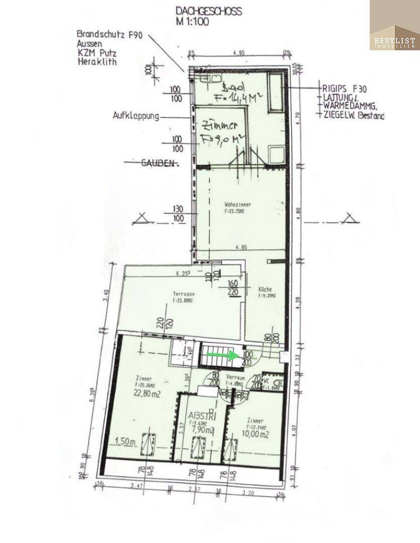 Grundriss des Dachgeschosses mit Zimmern, Küche und Terrasse.