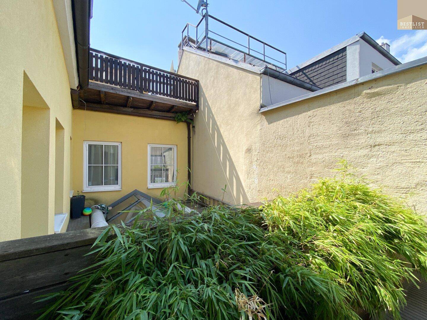 Kleiner Innenhof mit Bambuspflanzen und einem Balkon im Hintergrund.