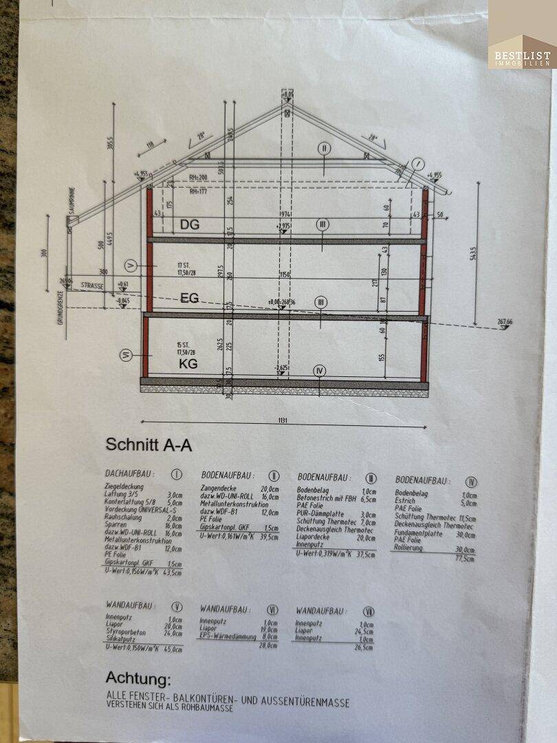 Schnittansicht des Hauses mit Keller-, Erd- und Dachgeschoss sowie Konstruktionsdetails.