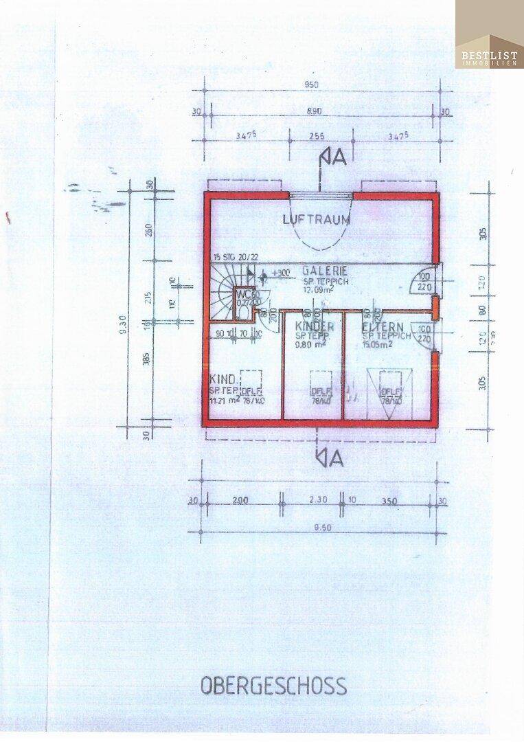 Grundriss des Obergeschosses mit Galerie, Kinderzimmer und Elternschlafzimmer.