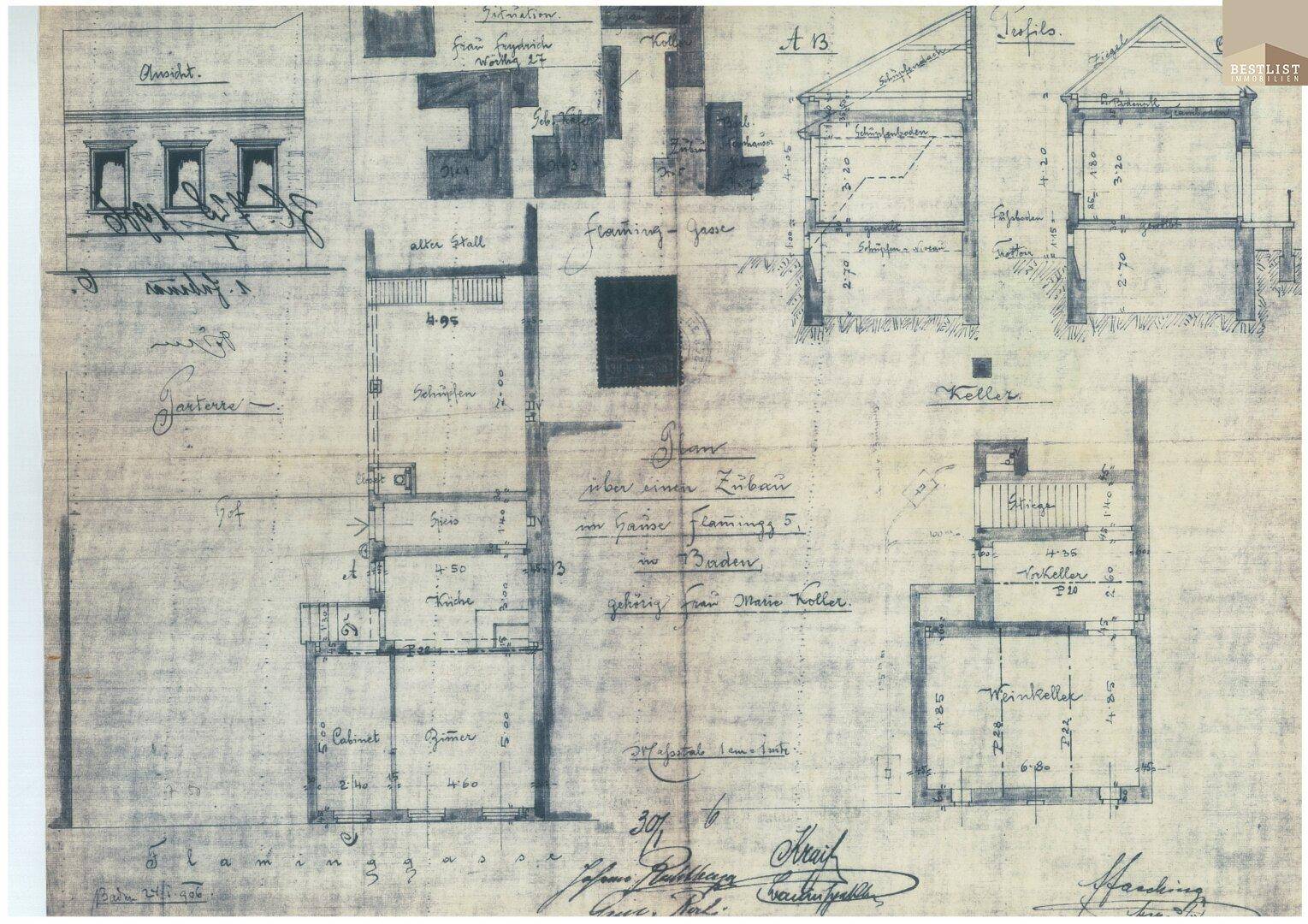 Historische handgezeichnete Baupläne mit Grundrissen und Kelleransichten des Anwesens.