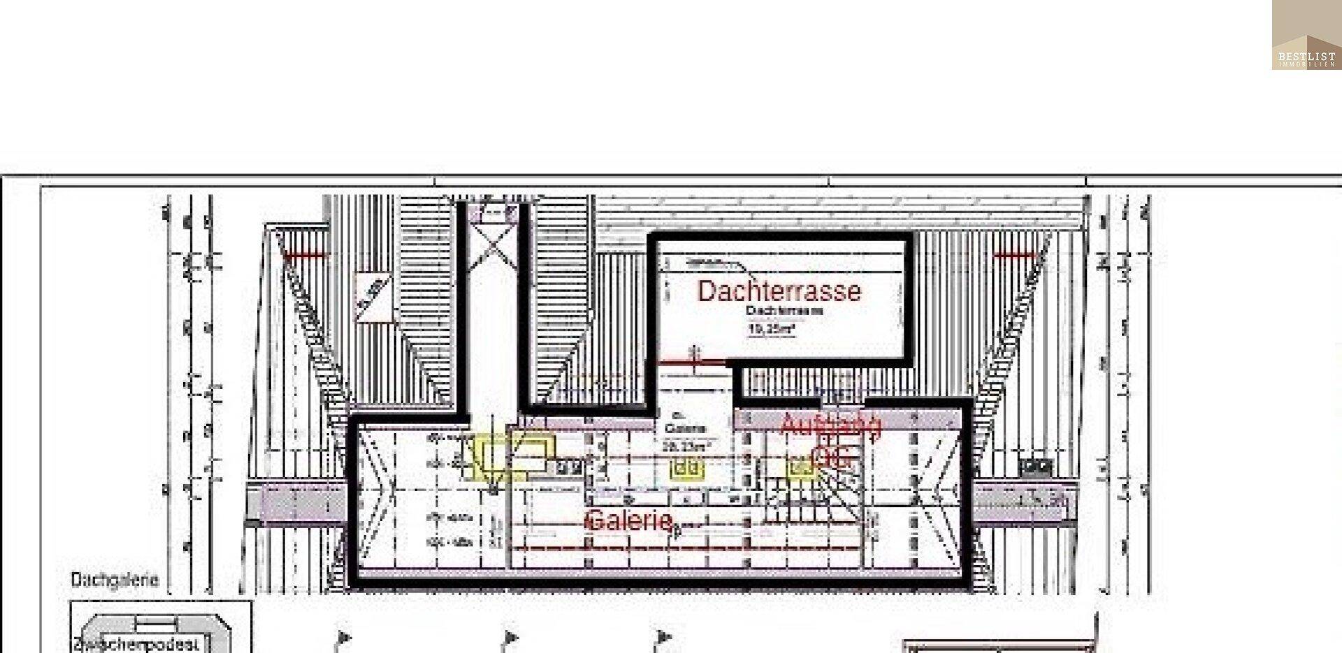 Grundriss des oberen Dachgeschosses mit Dachterrasse und Galeriebereich.
