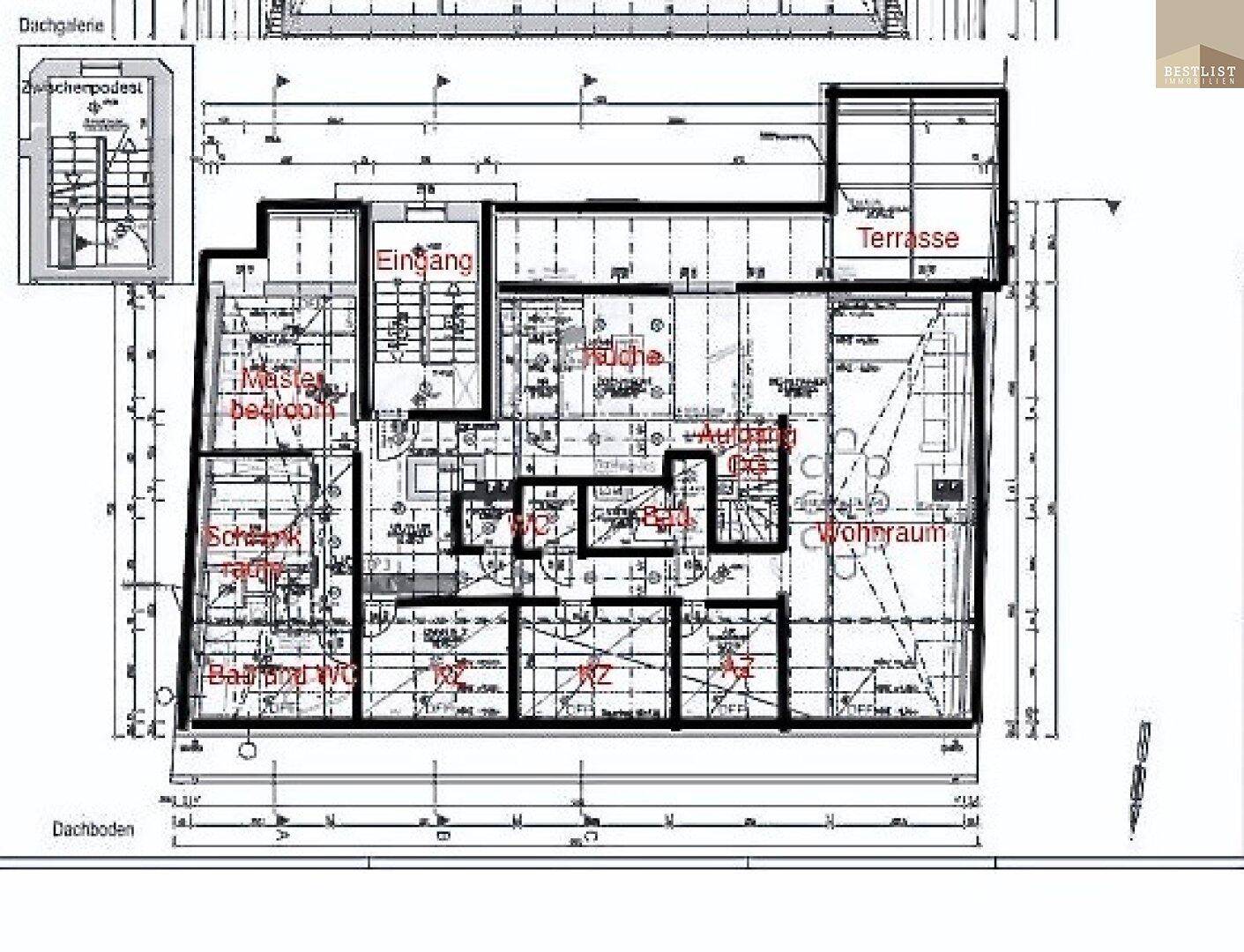 Grundriss des unteren Dachgeschosses mit Wohnraum, Küche und Schlafzimmern.