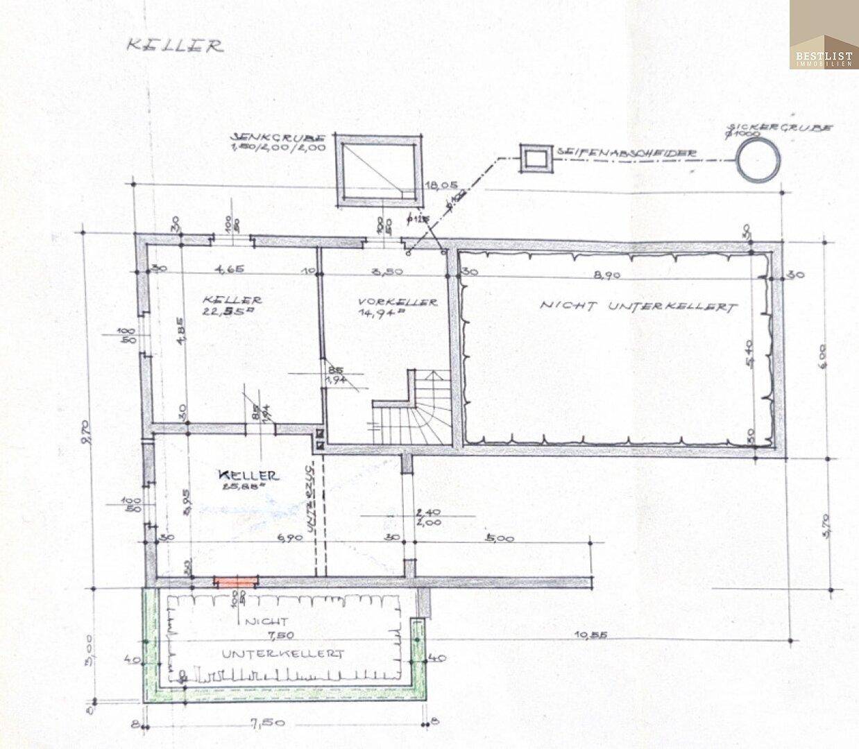 Grundriss des Kellers mit verschiedenen Kellerbereichen und nicht unterkellerten Zonen.