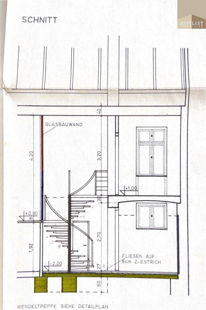 Schnittzeichnung des Gebäudes mit Wendeltreppe und verschiedenen Geschossebenen.