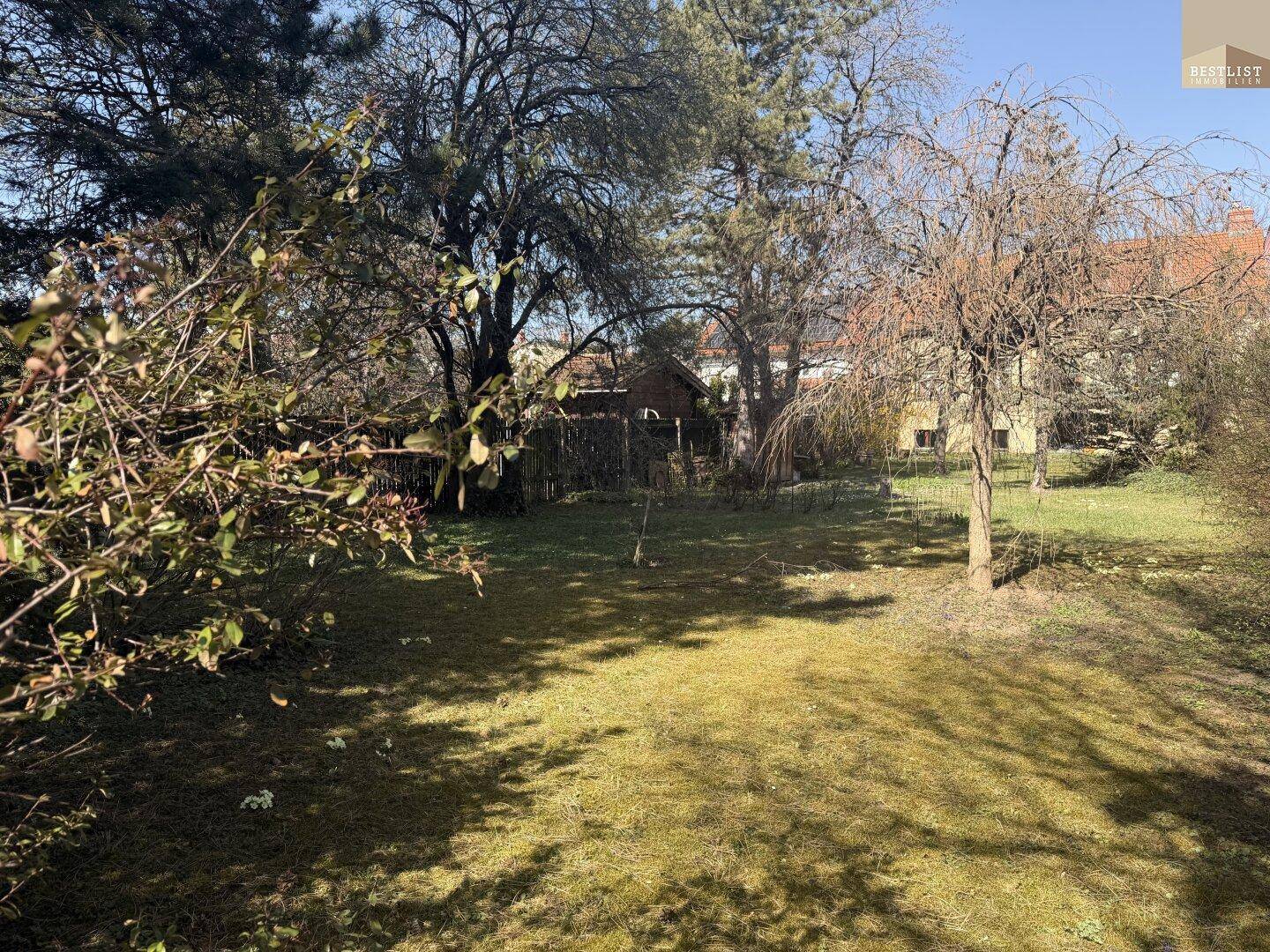 Großer Garten mit Rasenfläche und alten Bäumen unter blauem Himmel.