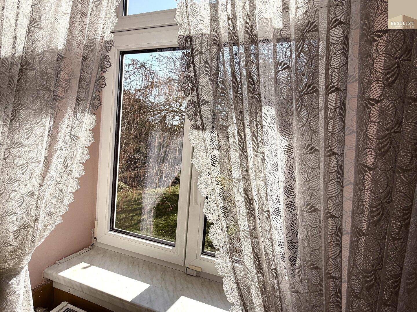 Detailaufnahme eines Fensters mit Spitzenvorhängen, das einen Blick ins Grüne bietet.