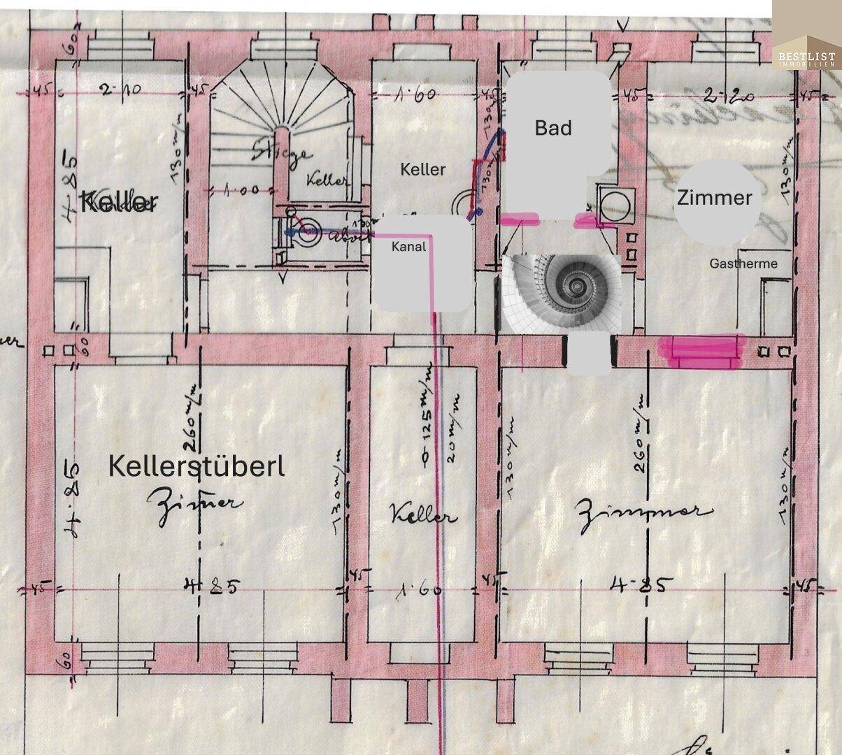 Grundriss des Kellergeschosses mit mehreren Kellerräumen und einem Bad.