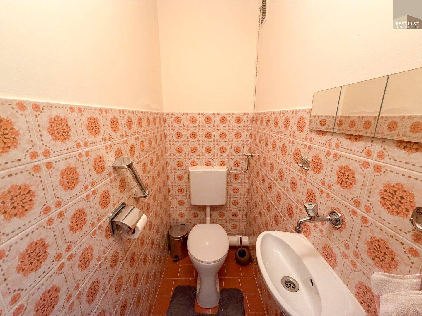 Separates WC mit Toilette, kleinem Waschbecken und auffälligen gemusterten Wandfliesen.