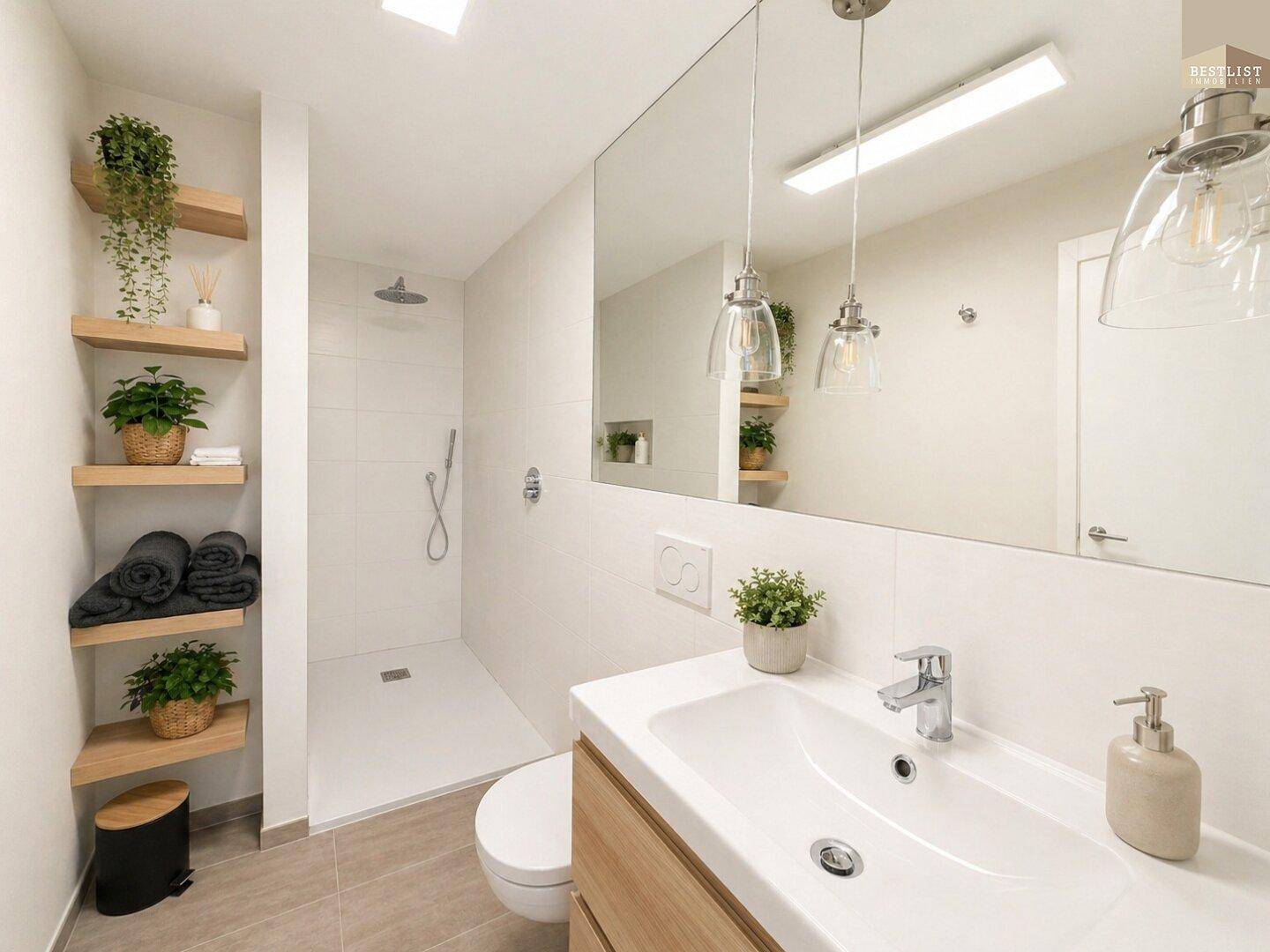 Modernes Badezimmer mit begehbarer Dusche, Holzregalen und großem Spiegel.