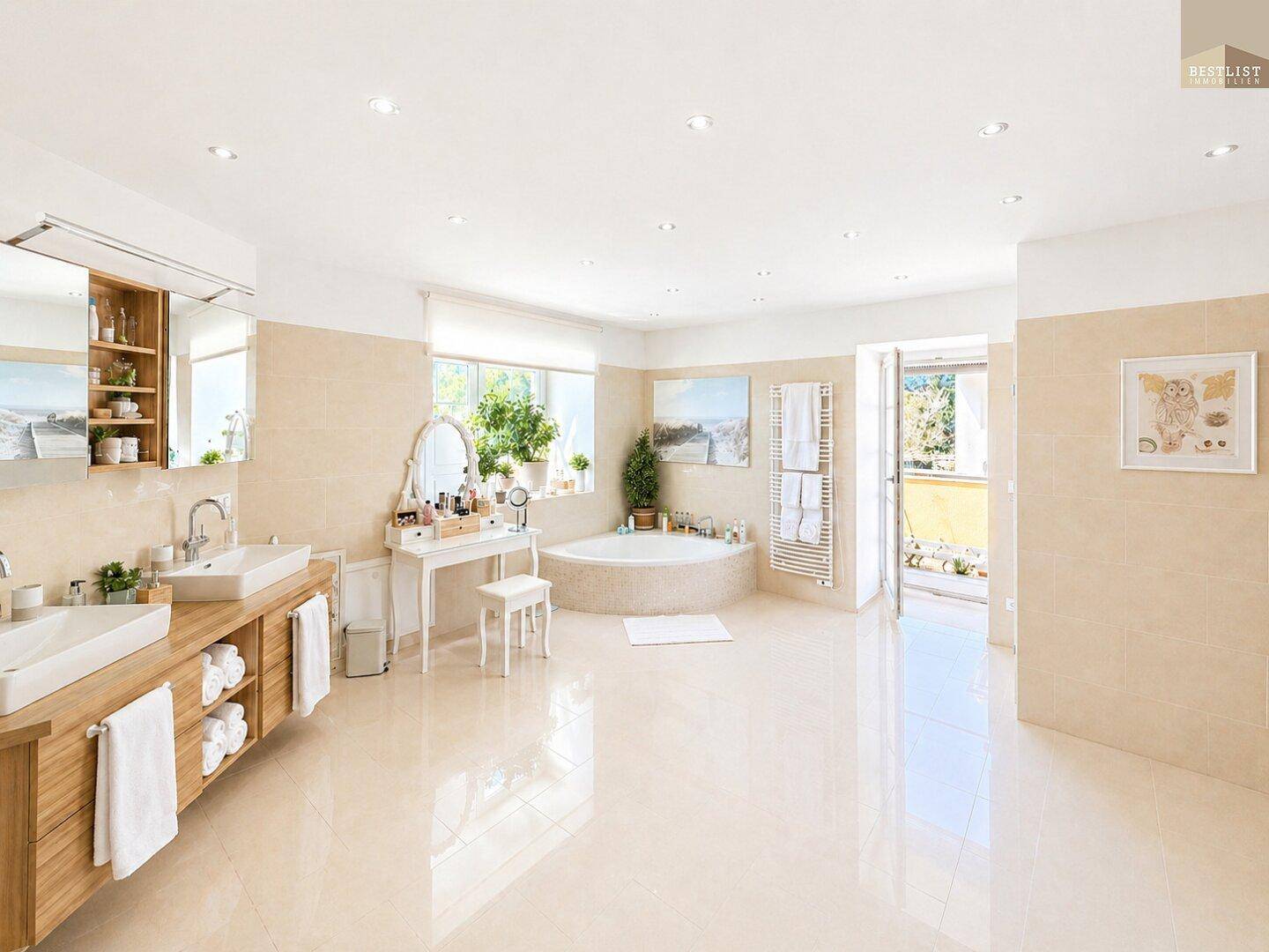 Großes Luxusbadezimmer mit Doppelwaschbecken, Eckbadewanne und Zugang zum Balkon.