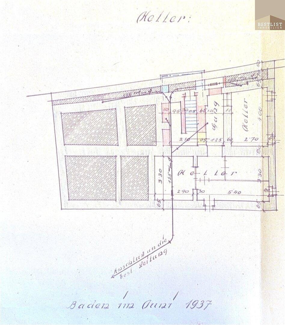 Grundriss des Kellers mit mehreren Abteilen und Lagerflächen aus dem Jahr 1937.