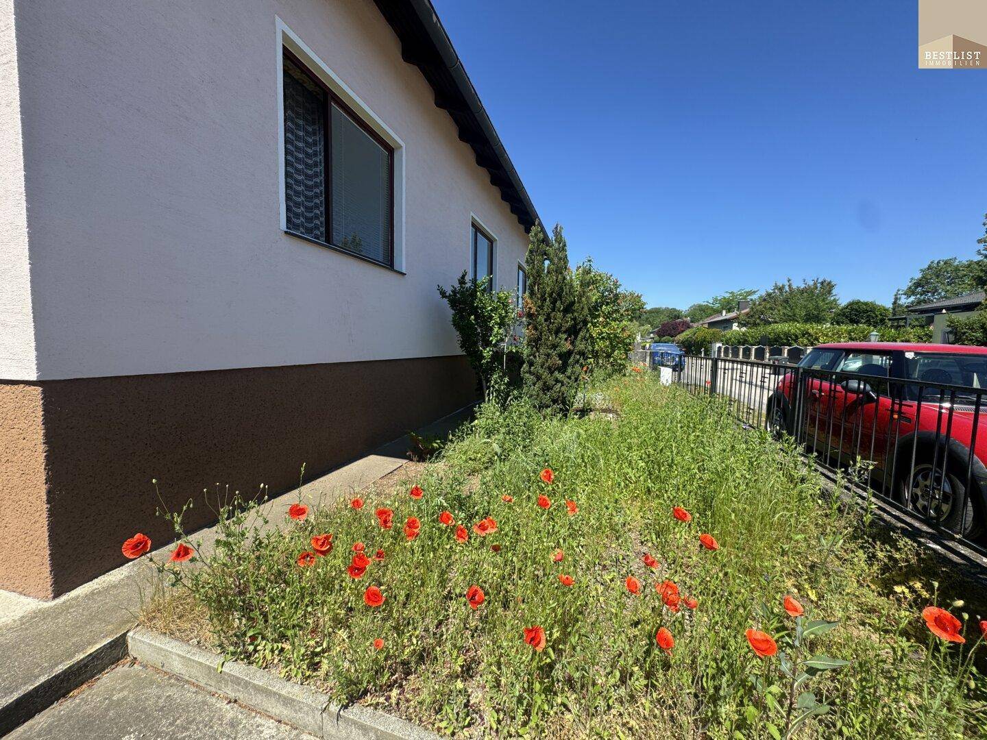 Schmaler Gartenbereich entlang der Hausseite mit blühenden roten Mohnblumen unter blauem Himmel.