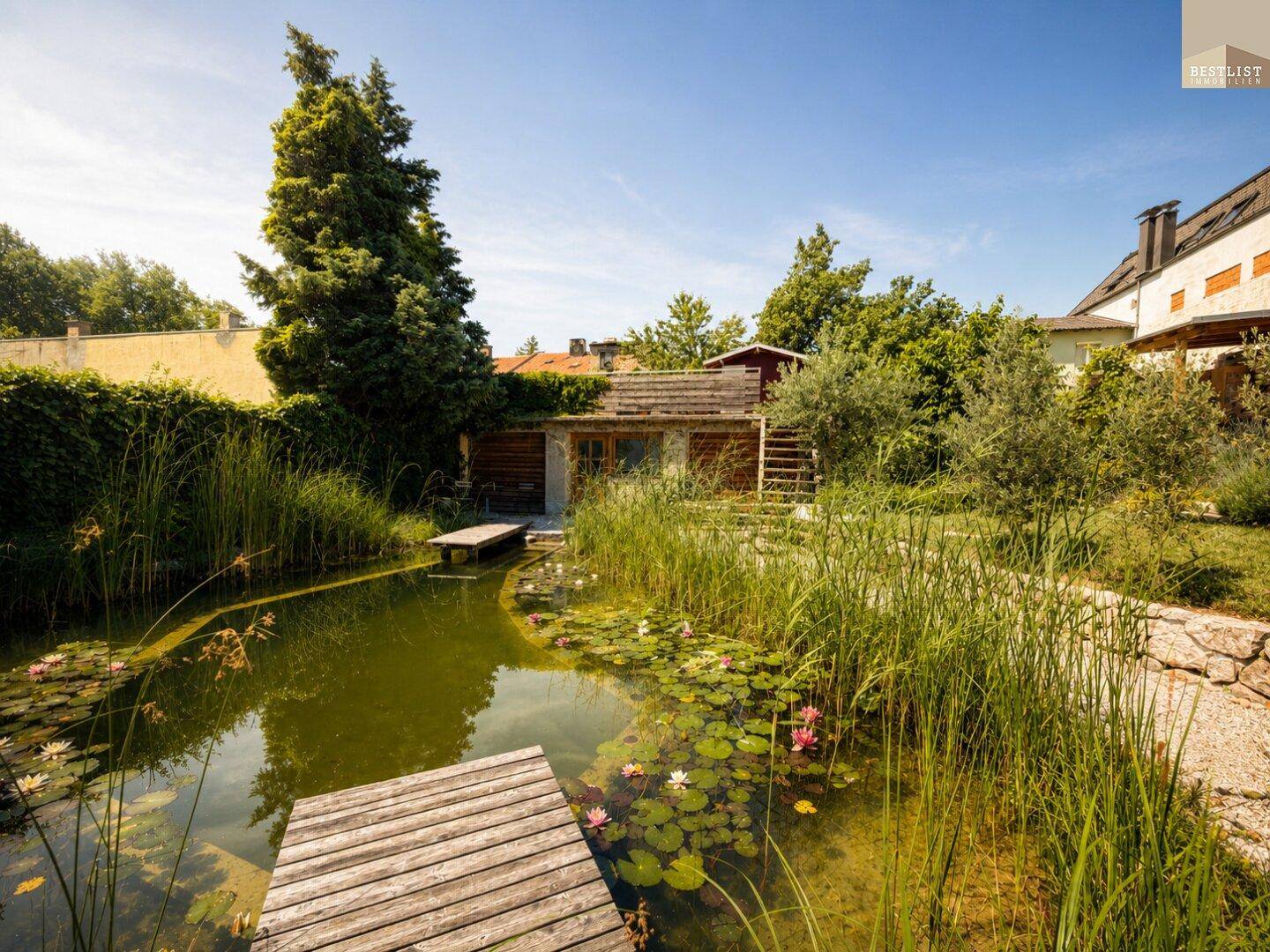 Natürlicher Gartenteich mit Seerosen und Holzstegen, umgeben von üppiger Vegetation.