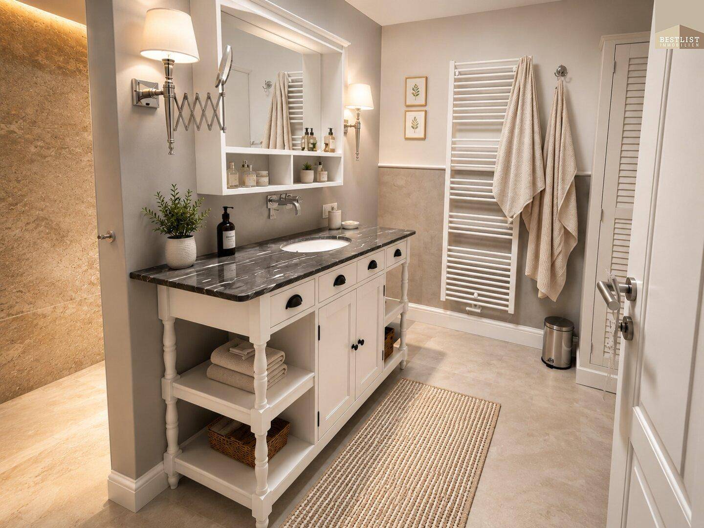 Elegantes Badezimmer mit Doppelwaschtisch, begehbarer Dusche und beheiztem Handtuchhalter.