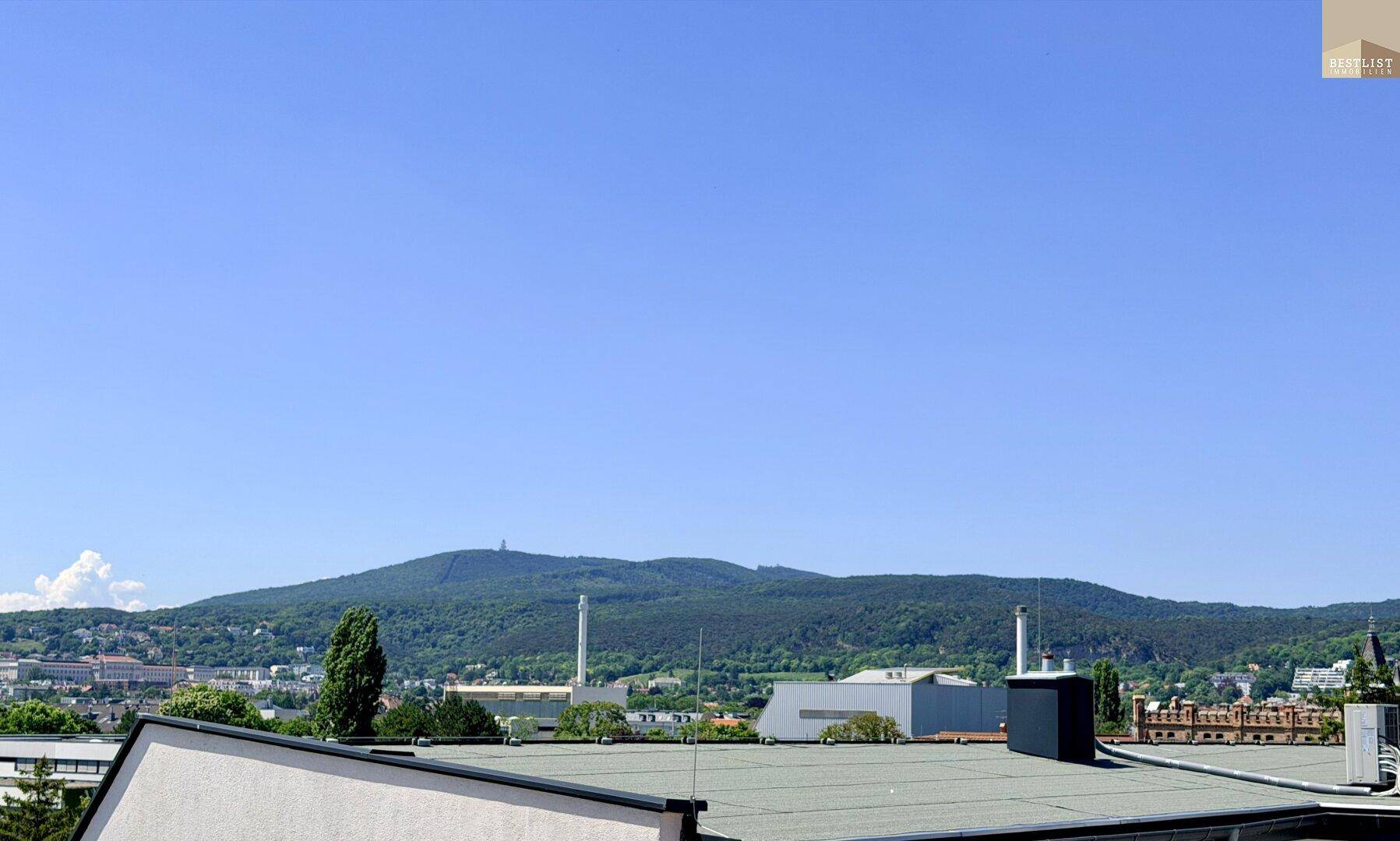 Panoramablick auf bewaldete Berge und die umliegende Landschaft unter klarem Himmel.