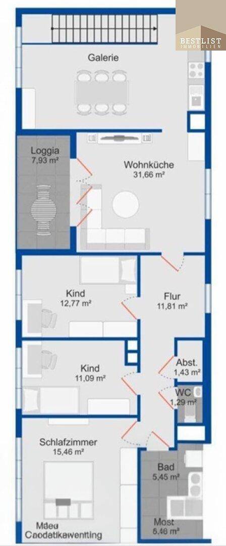 Detaillierter Grundriss mit Wohnküche, Loggia, Schlafzimmern und Bädern.