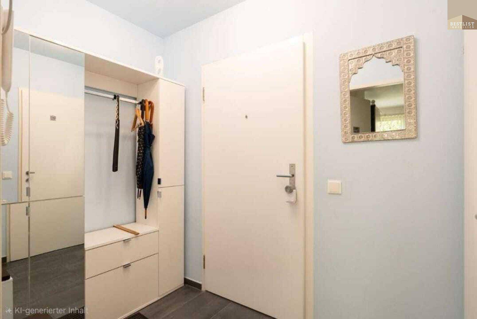 Heller Eingangsbereich mit weißer Tür, Spiegel und praktischer Garderobenlösung.
