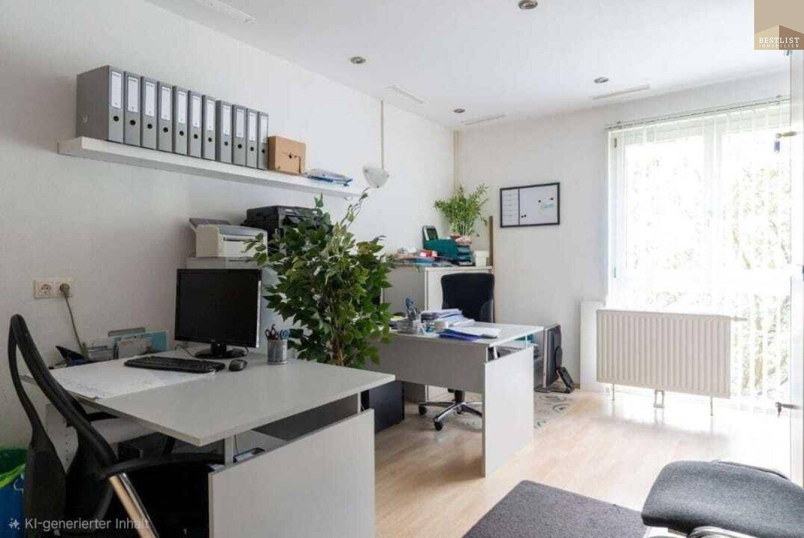 Heller Büroraum mit Schreibtischen, Pflanzen und einem großen Fenster für natürliche Beleuchtung.